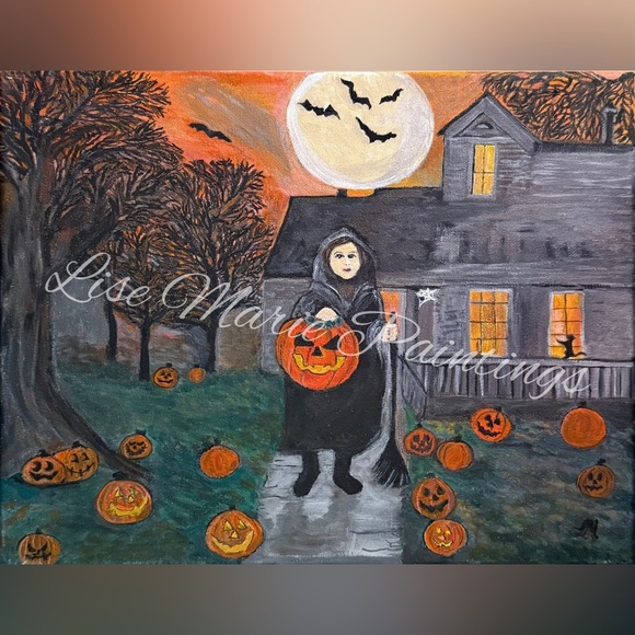 Witch Trick or Treat Halloween Acrylic Painting Original by Artist - Picture 1 of 1